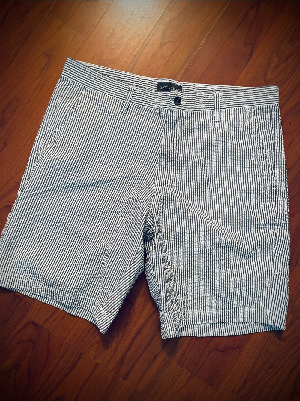 Slate & Stone Seersucker Chino Shorts Men's 34 Blue Hickory Striped Preppy 9"